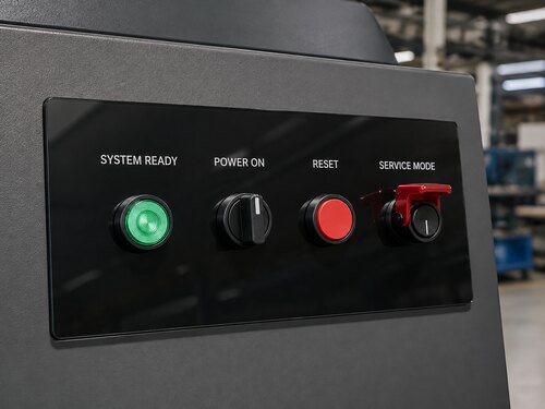 Smooth-front reverse engraved acrylic equipment control panel with white backfilled legends