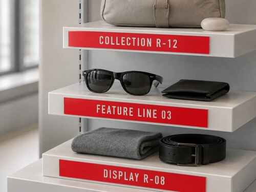 Smooth-front clear red reverse engraved plastic identifiers installed in professional retail fixtures