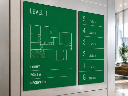 Smooth-front green back engraving acrylic used for facility maps and floor directory inserts