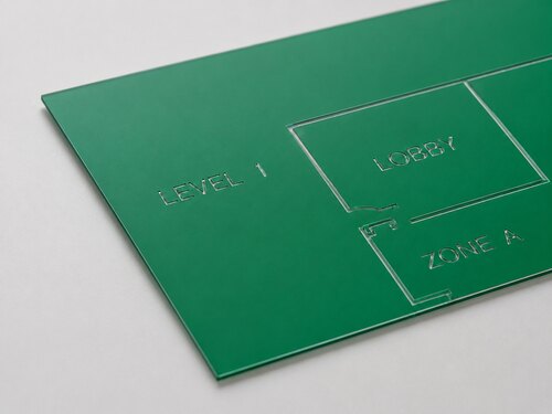 Green Back Engraving Acrylic for Facility Maps LYS-7135 with a transparent body and ultra-thin emerald-green rear coating