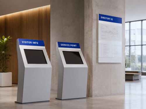 Smooth-front blue subsurface reverse engraved plastic identifiers installed in professional visitor information kiosks