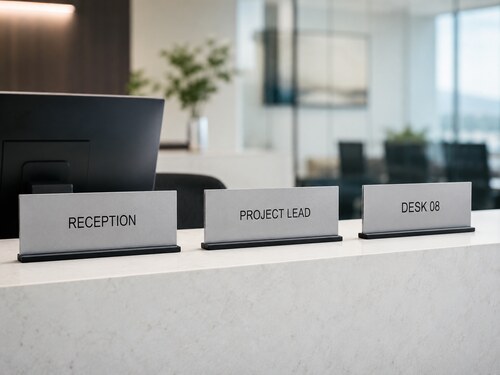 Silver reverse-engravable acrylic used for corporate reception and office desk identification signs