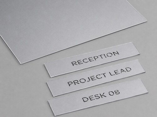 Silver Reverse-Engravable Acrylic for Desk Signs LYS-7139 with a clear body and ultra-thin satin-silver rear coating