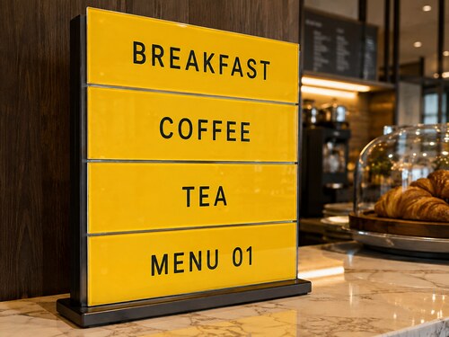 Yellow second-surface acrylic used for hotel cafe and food-service menu display inserts