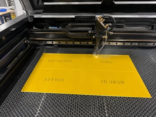 Large CO2 laser mirror engraving the yellow rear coating of second-surface acrylic