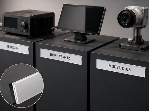 Smooth-front clear white reverse engraved acrylic identifiers used in a professional product showroom