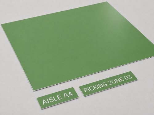 LYS-7155 gloss green white laser engraving plastic sheet with shallow recessed white aisle and picking-zone lettering