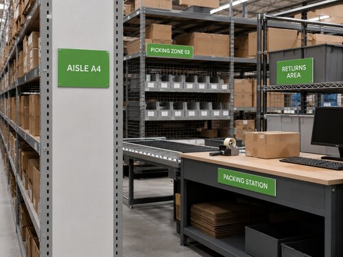 Gloss green white engraved plastic signs identifying warehouse aisle, picking zone, packing station and returns area