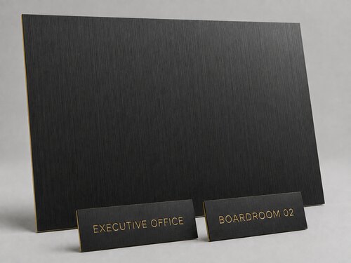 LYS-8273 thin vertical brushed black gold architectural sign substrate with shallow recessed gold engraving
